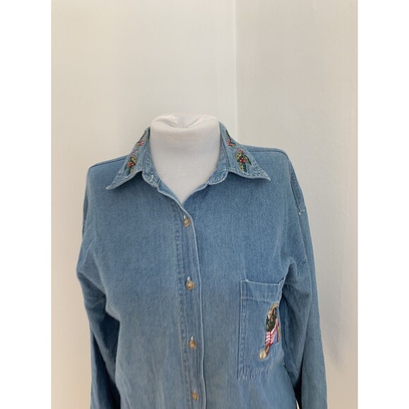 VTG Quizz NY Embroider Christmas Teddy Bear Jean Denim VTG Top Holly Polo Ralph - Picture 5 of 11